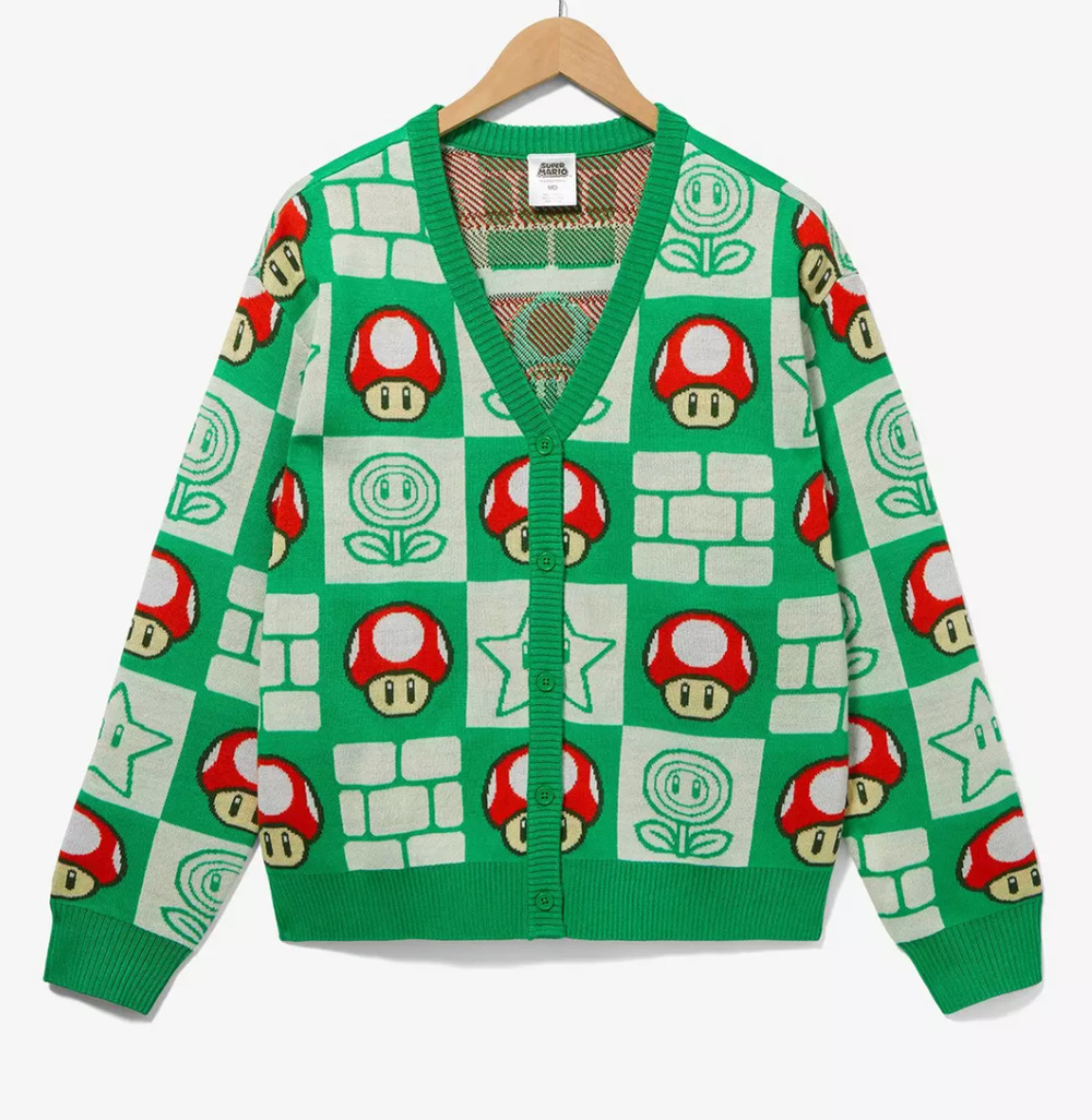 NINTENDO SUPER MARIO BROS MUSHROOM CHECKERED CARDIGAN SIZE MED BOXLUNCH
